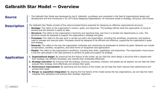 105
Source
Description
Application
Source:_______
Galbraith Star Model — Overview
• The Galbraith Star Model was developed by Jay R. Galbraith, a professor and consultant in the field of organizational design and
development and first introduced in his 1973 book Designing Organizations: An Executive Guide to Strategy, Structure, and Process.
The Galbraith Star Model consists of five interconnected factors essential for designing an effective organizational structure:
• Strategy: This refers to the organization's mission, goals, and objectives. The strategy defines what the organization is trying to
achieve and the direction it wants to take.
• Structure: This refers to the organization's hierarchy and reporting lines, and how it is divided into departments or units. The
structure should be designed to support the organization's strategy and goals.
• Processes: This refers to the way work is carried out within the organization, including the workflows, procedures, and systems
used to manage and execute tasks. Processes should be designed to be efficient and effective, supporting the organization's goals
and strategy.
• Rewards: This refers to the way the organization motivates and incentivizes its employees to achieve its goals. Rewards can include
compensation, benefits, recognition, and other forms of recognition and appreciation.
• People: This refers to the organization's workforce, including their skills, capabilities, and experience. The organization must ensure
it has the right people in the right positions to achieve its goals and support its strategy.
1. Organizational design: By analyzing the five factors of the model, we can help the client design a structure that is aligned with
their strategy, has efficient processes, and rewards their employees effectively.
2. Strategy execution: By ensuring that the strategy, structure, processes, rewards, and people are all aligned, we can help the client
execute their strategy more effectively and achieve their goals.
3. Performance improvement: By optimizing the five factors of the model, we can help the client improve their performance and
achieve their goals.
4. Merger or acquisition integration: By aligning the five factors of the model across the two organizations, we can help the client
integrate their operations and achieve their strategic objectives.
 