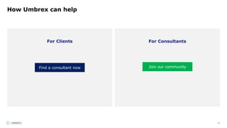15
How Umbrex can help
For Consultants
For Clients
Find a consultant now Join our community
 
