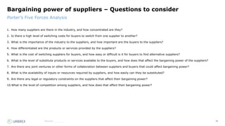 24
Source:_______
Porter’s Five Forces Analysis
Bargaining power of suppliers – Questions to consider
1. How many suppliers are there in the industry, and how concentrated are they?
2. Is there a high level of switching costs for buyers to switch from one supplier to another?
3. What is the importance of the industry to the suppliers, and how important are the buyers to the suppliers?
4. How differentiated are the products or services provided by the suppliers?
5. What is the cost of switching suppliers for buyers, and how easy or difficult is it for buyers to find alternative suppliers?
6. What is the level of substitute products or services available to the buyers, and how does that affect the bargaining power of the suppliers?
7. Are there any joint ventures or other forms of collaboration between suppliers and buyers that could affect bargaining power?
8. What is the availability of inputs or resources required by suppliers, and how easily can they be substituted?
9. Are there any legal or regulatory constraints on the suppliers that affect their bargaining power?
10.What is the level of competition among suppliers, and how does that affect their bargaining power?
 