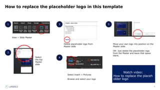 4
How to replace the placeholder logo in this template
Watch video:
How to replace the placeh
older logo
View > Slide Master
1
Select
the top
Master
slide
3
Delete placeholder logo from
Master slide
Select Insert > Pictures
Browse and select your logo
4
5
Move your own logo into position on the
Master slide.
OR: Just delete the placeholder logo
from the Master and leave that space
blank.
2
 