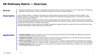 71
Source
Description
Application
Source:_______
GE McKinsey Matrix — Overview
• Developed by McKinsey & Company in collaboration with General Electric and first introduced in a 1971 report titled "The McKinsey
Approach to Business Policy," written by McKinsey consultants Tom Peters and Robert Waterman.
The GE McKinsey Matrix is a strategic management tool used to assess the performance of a business's product portfolio. "The
McKinsey Approach to Business Policy" report outlined a framework for assessing the strategic position of a business and making
decisions about resource allocation.
The nine-box matrix that assesses a business's product portfolio based on two key dimensions: market attractiveness and business
strength. Market attractiveness refers to the size and growth potential of the market for a given product, while business strength refers
to the ability of the business to compete in that market.
The matrix has become a widely used tool for strategic management, helping businesses to assess their product portfolios and make
informed decisions about resource allocation and investment.
1. Portfolio analysis: Evaluate a company's current business portfolio and identify areas of strength and weakness to determine
where to invest resources and where to divest.
2. Acquisition analysis: Evaluate the target company's business portfolio and determine how it fits with the acquiring company's
portfolio to make informed decisions about whether to pursue an acquisition.
3. Resource allocation: Determine where to allocate resources within a company's business portfolio. By assessing each business
unit's market attractiveness and competitive position, management can prioritize investments to maximize growth and profitability.
4. Strategic planning: Assess the company's current portfolio and potential growth opportunities to develop a clear and actionable
plan for achieving long-term success.
 