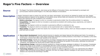 78
Source
Description
Application
Source:_______
Roger’s Five Factors — Overview
• The Rogers' Five Factors framework, also known as the Diffusion of Innovation theory, was developed by sociologist and
communication theorist Everett Rogers in his 1962 book Diffusion of Innovations.
Rogers' framework seeks to explain how and why new ideas, technologies, and products are adopted by people over time. Rogers
conducted extensive research on the adoption of innovations across various fields and industries, and his framework identified five key
factors that influence the rate of adoption of an innovation:
• Relative advantage: The degree to which an innovation is perceived as better than the existing solution it is replacing.
• Compatibility: The degree to which an innovation is perceived as consistent with existing values, experiences, and needs of
potential adopters.
• Complexity: The degree to which an innovation is perceived as difficult to understand or use.
• Trialability: The degree to which an innovation can be experimented with or tested before full adoption.
• Observability: The degree to which the results of an innovation are visible to others, which can influence adoption through social
proof and word of mouth.
1. New product development: Identify potential barriers to adoption and design features that address each factor. For example, a
product that is perceived to have a high relative advantage compared to existing solutions is more likely to be adopted, so the client
could design a product that offers clear benefits to the customer.
2. Marketing strategy: Identify the target audience and design messages that will resonate with them. By understanding the factors
that influence adoption, the client can develop messaging that emphasizes the benefits of the product, addresses any perceived
complexity, and highlights the social proof of others using the product.
3. Organizational change: Understand potential resistance to change and design strategies to address it. For example, if employees
perceive the change as too complex or incompatible with their current practices, the client could design training programs or pilot
programs that allow employees to experiment with the change and see its benefits firsthand.
4. Technology adoption: Identify factors that influence adoption by different segments of users. By understanding the different
adoption rates and barriers among different segments, the client can design different strategies for each group to encourage
adoption and maximize the technology's benefits.
 