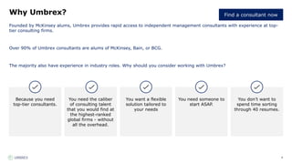 8
Why Umbrex?
Founded by McKinsey alums, Umbrex provides rapid access to independent management consultants with experience at top-
tier consulting firms.
Over 90% of Umbrex consultants are alums of McKinsey, Bain, or BCG.
The majority also have experience in industry roles. Why should you consider working with Umbrex?
Because you need
top-tier consultants.
You need the caliber
of consulting talent
that you would find at
the highest-ranked
global firms - without
all the overhead.
You want a flexible
solution tailored to
your needs
You need someone to
start ASAP.
You don’t want to
spend time sorting
through 40 resumes.
Find a consultant now
 