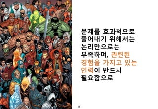 문제를 효과적으로
     풀어내기 위해서는
     논리만으로는
     부족하며, 관련된
     경험을 가지고 있는
     인력이 반드시
     필요함으로



- 34 -
 