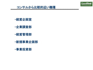 ・経営企画室
・企業調査部
・経営管理部
・新規事業企画部
・事業投資部
コンサルから比較的近い職種
 