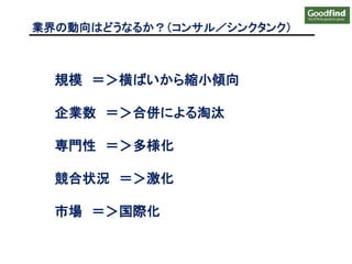 規模 ＝＞横ばいから縮小傾向
企業数 ＝＞合併による淘汰
専門性 ＝＞多様化
競合状況 ＝＞激化
市場 ＝＞国際化
業界の動向はどうなるか？（コンサル／シンクタンク）
 