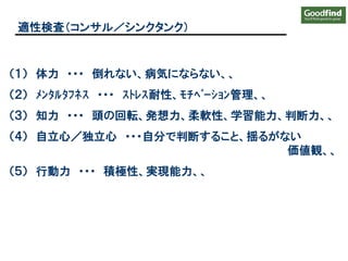 （１） 体力 ・・・ 倒れない、病気にならない、、
（２） ﾒﾝﾀﾙﾀﾌﾈｽ ・・・ ｽﾄﾚｽ耐性、ﾓﾁﾍﾞｰｼｮﾝ管理、、
（３） 知力 ・・・ 頭の回転、発想力、柔軟性、学習能力、判断力、、
（４） 自立心／独立心 ・・・自分で判断すること、揺るがない
価値観、、
（５） 行動力 ・・・ 積極性、実現能力、、
適性検査（コンサル／シンクタンク）
 