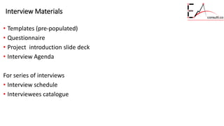 Interview Materials
• Templates (pre-populated)
• Questionnaire
• Project introduction slide deck
• Interview Agenda
For series of interviews
• Interview schedule
• Interviewees catalogue
 