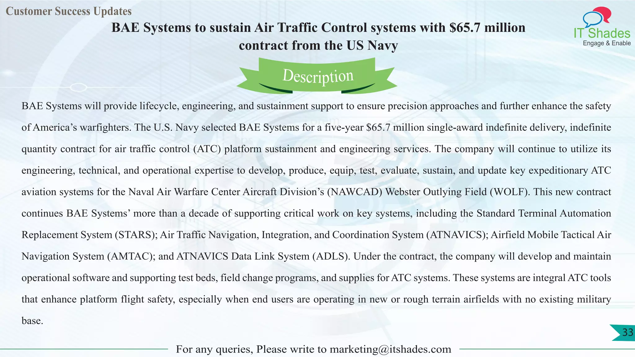 Lorem
ips
um dol
or
Customer Success Updates
IT Shades
Engage & Enable
BAE Systems to sustain Air Traffic Control systems with $65.7 million
contract from the US Navy
For any queries, Please write to marketing@itshades.com
33
BAE Systems will provide lifecycle, engineering, and sustainment support to ensure precision approaches and further enhance the safety
of America’s warfighters. The U.S. Navy selected BAE Systems for a five-year $65.7 million single-award indefinite delivery, indefinite
quantity contract for air traffic control (ATC) platform sustainment and engineering services. The company will continue to utilize its
engineering, technical, and operational expertise to develop, produce, equip, test, evaluate, sustain, and update key expeditionary ATC
aviation systems for the Naval Air Warfare Center Aircraft Division’s (NAWCAD) Webster Outlying Field (WOLF). This new contract
continues BAE Systems’ more than a decade of supporting critical work on key systems, including the Standard Terminal Automation
Replacement System (STARS); Air Traffic Navigation, Integration, and Coordination System (ATNAVICS); Airfield Mobile Tactical Air
Navigation System (AMTAC); and ATNAVICS Data Link System (ADLS). Under the contract, the company will develop and maintain
operational software and supporting test beds, field change programs, and supplies for ATC systems. These systems are integral ATC tools
that enhance platform flight safety, especially when end users are operating in new or rough terrain airfields with no existing military
base.
Description
 