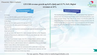Financial, M&A Updates
IT Shades
Engage & Enable
LTI USD revenue growth up 8.4% QoQ and 13.7% YoY; Digital
revenues at 41%
In US Dollars:
• Revenue at USD 394.4 million; growth of 8.4% QoQ and 13.7% YoY
• Constant Currency Revenue growth of 8.3% QoQ and 14.2% YoY
In Indian Rupees:
• Revenue at Rs 28,111 million; growth of 9.4% QoQ and 13.7% YoY
• Net Income at Rs 3,767 million; growth of 4.6% QoQ and 0.3% YoY
Recent Deal Wins
• Multi-year, multi-million large deal for transforming the global application operations of a smart energy
storage solution provider
• An apex government body selected LTI to create a conceptual framework on Data Management,
integrating and harmonizing the available data sets in various key sectors through single window system
for better governance
• A Leading US based Insurance Company chose LTI as a Strategic Partner to implement a multi-year
digital transformation initiative focused on improving their products, distribution and infrastructure
• LTI has been chosen by a public development authority for implementation of Next Generation Digital
Platform to enhance efficiency of their transportation systems
• Awarded an end-to-end enterprise data estate transformation deal by a global leader in energy storage
• A Multinational conglomerate engaged LTI to deliver AI enabled preventive maintenance and Cloud
hosted monitoring solutions for users of its data storage solutions
Executive Commentary
“Our outstanding QoQ growth of 8.4% in Q3 is a result of on-track ramp up of large engagements we
announced earlier. We are extremely pleased with the superior and broad-based performance across
verticals and service offerings, which underscores the resilience of our diversified portfolio. Our
strategy and investments for powering the breakaway enterprise is resonating well with our clients. We
continue to win large deals across regions and have won two such engagements in Q3 with cumulative
net-new TCV of more than US$75 mn.”–Chief Executive Officer & Managing Director, LTI
For any queries, Please write to marketing@itshades.com
8
Key Financial Highlights
 