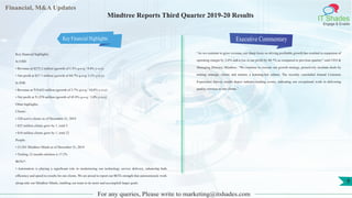 Financial, M&A Updates
IT Shades
Engage & Enable
Mindtree Reports Third Quarter 2019-20 Results
Key financial highlights:
In USD:
• Revenue at $275.2 million (growth of 1.5% q-o-q / 9.4% y-o-y)
• Net profit at $27.7 million (growth of 44.7% q-o-q/ 3.1% y-o-y)
In INR:
• Revenue at ₹19,653 million (growth of 2.7% q-o-q / 10.0% y-o-y)
• Net profit at ₹1,970 million (growth of 45.9% q-o-q / 3.0% y-o-y)
Other highlights:
Clients:
• 320 active clients as of December 31, 2019
• $25 million clients grew by 1, total 5
• $10 million clients grew by 1, total 22
People:
• 21,561 Mindtree Minds as of December 31, 2019
• Trailing 12 months attrition is 17.2%
BOTs*:
• Automation is playing a significant role in modernizing our technology service delivery, enhancing both
efficiency and speed-to-results for our clients. We are proud to report our BOTs strength that autonomously work
along-side our Mindtree Minds, enabling our team to do more and accomplish larger goals
Executive Commentary
“As we continue to grow revenue, our sharp focus on driving profitable growth has resulted in expansion of
operating margin by 2.6% and a rise in net profit by 44.7% as compared to previous quarter,” said CEO &
Managing Director, Mindtree. “We continue to execute our growth strategy, proactively incubate deals by
mining strategic clients and nurture a learning-led culture. The recently concluded Annual Customer
Experience Survey results depict industry-leading scores, indicating our exceptional work in delivering
quality services to our clients.”
For any queries, Please write to marketing@itshades.com
9
Key Financial Highlights
 