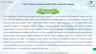 R & R Updates
IT Shades
Engage & Enable
CACI Named a Fortune World’s Most Admired Company
For any queries, Please write to marketing@itshades.com
30
CACI International Inc announced that Fortune magazine has recognized it as one of the World’s Most Admired Companies for 2020,
CACI’s ninth time appearing on the list. CACI ranked seventh among Information Technology Services companies worldwide. CACI
earned top scores under Fortune’s survey criteria, which include innovation, people management, use of corporate assets, social
responsibility, quality of management, financial soundness, long-term investment, quality of products and services, and global
competitiveness. A company must score in the top half of its industry group to be included on the reputable list. Fortune, in partnership
with the global management consulting firm Korn Ferry, surveys thousands of top corporate executives and directors to compile the Most
Admired rankings. Those rankings identify companies that enjoy the strongest reputations across various industries.CACI’s 22,000
talented employees are vigilant in providing the unique expertise and distinctive technology that address our customers’ greatest
enterprise and mission challenges. Our culture of good character, innovation, and excellence drives our success and earns us recognition
as a Fortune World's Most Admired Company. As a member of the Fortune 1000 Largest Companies, the Russell 1000 Index, and the S&P
MidCap 400 Index, we consistently deliver strong shareholder value.
R&R Description
 