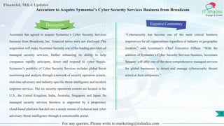 Lorem
ipsum
dolor sit
amet,
consec-
tetuer
Financial, M&A Updates
IT Shades
Engage & Enable
Accenture to Acquire Symantec’s Cyber Security Services Business from Broadcom
Accenture has agreed to acquire Symantec’s Cyber Security Services
business from Broadcom, Inc. Financial terms were not disclosed. The
acquisition will make Accenture Security one of the leading providers of
managed security services, further enhancing its ability to help
companies rapidly anticipate, detect and respond to cyber threats.
Symantec’s portfolio of Cyber Security Services includes global threat
monitoring and analysis through a network of security operation centers,
real-time adversary and industry-specific threat intelligence and incident
response services. The six security operations centers are located in the
U.S., the United Kingdom, India, Australia, Singapore and Japan. Its
managed security services business is supported by a proprietary
cloud-based platform that delivers a steady stream of technical and cyber
adversary threat intelligence through a customizable portal.
Executive Commentary
“Cybersecurity has become one of the most critical business
imperatives for all organizations regardless of industry or geographic
location,” said Accenture’s Chief Executive Officer. “With the
addition of Symantec’s Cyber Security Services business, Accenture
Security will offer one of the most comprehensive managed services
for global businesses to detect and manage cybersecurity threats
aimed at their companies.”
For any queries, Please write to marketing@itshades.com
Description
2
 