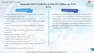 Financial, M&A Updates
IT Shades
Engage & Enable
Datamatics Q2FY21 EBITDA at INR 329.3 Million; up 15.3%
q-o-q
• Revenue at INR 2,856.2 million; up 3.1% q-o-q and down 3.7% y-o-y. The q-o-q
growth was mainly driven by BPM business
• EBITDA at INR 329.3 million; up 15.3% q-o-q down 2.2% y-o-y.
• EBITDA margin was at 11.5%; up 122 bps q-o-q and up 18 bps y-o-y; came back to
Q2FY20 levels
• PAT (after non-controlling interest) at INR 154.2 million; up 14.1% q-o-q and down
22.7% y-o-y.
• EPS (Diluted) at INR 2.62 for Q2FY21 as against INR 2.29 in Q1FY21 and INR
3.38 in Q2FY20.
Consolidated Financial Highlights – H1FY21
• Revenue at INR 5,627.1 million; down 4.1% y-o-y
• EBITDA at INR 615 million; down 11.0% y‐o‐y
• EBITDA margin was at 10.9%; down 85 bps y‐o‐y
• PAT (after non-controlling interest) at INR 289.3 million as against INR 391.8 in
H1FY20
• EPS (Diluted) at INR 4.91 as against INR 6.65 in H1FY20.
Executive Commentary
Commenting on the results and financial performance, Vice Chairman and CEO
said, “I am happy to see the growth recovery in businesses across industry and
verticals which was impacted initially due to pandemic. Our EBITDA margin
increased by 15.3% sequentially; driven by revenue growth and cost optimization
efforts. We are seeing demand revival across segments as customers are accelerating
their digital transformation journey. We are confident of sustaining the growth
momentum in coming quarters.”
For any queries, Please write to marketing@itshades.com
7
Key Financial Highlights
 