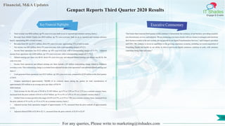 Financial, M&A Updates
IT Shades
Engage & Enable
Genpact Reports Third Quarter 2020 Results
• Total revenue was $936 million, up 5% year-over-year, both on an as reported and constant currency basis.2
• Revenue from Global Clients was $824 million, up 7% year-over-year, both on an as reported and constant currency
basis2, representing 88% of total revenue.
• Revenue from GE was $111 million, down 8% year-over-year, representing 12% of total revenue.
• Net income was $85 million, down 3% year-over-year, with a corresponding margin of 9.1%.
• Income from operations was $125 million, up 10% year-over-year, with a corresponding margin of 13.3%. Adjusted
income from operations was $160 million, up 12% year-over-year, with a corresponding margin of 17.1%.3
• Diluted earnings per share was $0.43, down 4% year-over-year, and adjusted diluted earnings per share4 was $0.56, flat
year-over-year.
• Income from operations and diluted earnings per share include a $5 million restructuring charge related to employee
severance costs. This restructuring charge is excluded from adjusted income from operations3 and adjusted diluted earnings per
share.4
• Cash generated from operations was $252 million, up 14% year-over-year, compared to $220 million in the third quarter
of 2019.
• Genpact repurchased approximately 740,000 of its common shares during the quarter for total consideration of
approximately $29 million at an average price per share of $38.59.
2020 Outlook
• Total revenue for the full year of $3.68 to $3.695 billion, up 4.5% to 5.0% or 5% to 5.5% on a constant currency basis,
increased from the prior outlook of $3.63 to $3.67 billion, up 3% to 4% or 3.5% to 5% on a constant currency basis.2
• Global Client revenue growth in the range of 6.0% to 6.5%, or 6.5% to 7.0% on a constant currency basis, increased from
the prior outlook of 5% to 6%, or 5% to 6.5% on a constant currency basis.2
• Adjusted income from operations margin5 of approximately 15.7%, increased from the prior outlook of approximately
15.5%.
• Adjusted diluted EPS6 of $2.08 to $2.11, increased from the prior outlook of $2.03 to $2.07.
Executive Commentary
"Our better-than-expected third quarter results continue to demonstrate the resiliency of our business, providing essential,
non-discretionary services and solutions. We are partnering even more closely with our clients to reimagine and transform
their business models in the new normal, driving growth in our digital Transformation Services," said Genpact's president
and CEO. "We continue to invest in capabilities in the growing experience economy, including our recent acquisition of
Something Digital that builds on our ability to deliver end-to-end digital commerce solutions at scale, with customer
experience being front and center."
For any queries, Please write to marketing@itshades.com
10
Key Financial Highlights
 