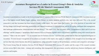R & R Updates
IT Shades
Engage & Enable
Accenture Recognized as a Leader in Everest Group’s Data & Analytics
Services PEAK Matrix® Assessment 2020
For any queries, Please write to marketing@itshades.com
27
Accenture is positioned as a Leader in the Everest Group Data & Analytics (D&A) Services PEAK Matrix® Assessment 2020. Accenture received
one of the highest overall Market Impact ranking, which focuses on market adoption, portfolio mix, and value delivered. This is the second
consecutive year that Accenture has been named a Leader in this report. The report states that Leaders “are at the forefront of innovation and
driving change with thought leadership, partnerships, and internal investments in emerging areas such as AI-scaling, intelligent data management,
data landscape modernization, democratization and data literacy.” The report notes that Accenture offers “comprehensive D&A and AI services
offerings” and the company’s “proprietary D&A solutions focus on bringing together end-to-end in-house capabilities along with vertical-specific
nuances.” “Data is the new capital — it’s an essential asset for business success,” said Shail Jain, global lead for Data and Applied Intelligence at
Accenture. “Everest Group’s recognition of Accenture as a Leader in this report, once again, is validation of the strength of our knowledge and
services that help clients become data-driven organizations, using actionable insights to lift performance, resilience and competitive advantage.”
The Everest Group Data & Analytics Services PEAK Matrix® Assessment 2020 assesses 28 vendors and the scope of this research includes
services across D&A value chain – strategy and consulting, data management, data governance, security, and privacy, business intelligence, and
analytics and insights.
R&R Description
 