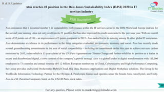 R & R Updates
IT Shades
Engage & Enable
Atos reaches #1 position in the Dow Jones Sustainability Index (DJSI) 2020 in IT
services industry
For any queries, Please write to marketing@itshades.com
30
Atos announces that it is ranked number 1 in sustainability performance within the IT services sector in the DJSI World and Europe indexes for
the second year running. Atos not only confirms its #1 position but has also improved its results compared to the previous year. With an overall
score of 85 points out of 100 – an improvement of 3 points compared to 2019 - Atos ranks first in its industry among 86 other global IT companies.
Atos demonstrates excellence in its performance in the three categories evaluated: environment, economy and social. Atos has recently made
several groundbreaking commitments in the area of social responsibility – including its commitment earlier this year to achieve net-zero carbon
emissions by 2035, a date which is 15 years ahead of the UN Paris Agreement on Climate Change and further solidifies its position as a leader in
secure and decarbonized digital, a core element of the company’s growth strategy. Atos is a global leader in digital transformation with 110,000
employees in 73 countries and annual revenue of € 12 billion. European number one in Cloud, Cybersecurity and High-Performance Computing,
the Group provides end-to-end Orchestrated Hybrid Cloud, Big Data, Business Applications and Digital Workplace solutions. The Group is the
Worldwide Information Technology Partner for the Olympic & Paralympic Games and operates under the brands Atos, Atos|Syntel, and Unify.
Atos is a SE (Societas Europaea), listed on the CAC40 Paris stock index.
R&R Description
 