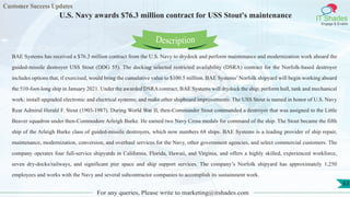 Customer Success Updates
IT Shades
Engage & Enable
U.S. Navy awards $76.3 million contract for USS Stout's maintenance
For any queries, Please write to marketing@itshades.com
63
BAE Systems has received a $76.3 million contract from the U.S. Navy to drydock and perform maintenance and modernization work aboard the
guided-missile destroyer USS Stout (DDG 55). The docking selected restricted availability (DSRA) contract for the Norfolk-based destroyer
includes options that, if exercised, would bring the cumulative value to $100.5 million. BAE Systems’Norfolk shipyard will begin working aboard
the 510-foot-long ship in January 2021. Under the awarded DSRAcontract, BAE Systems will drydock the ship; perform hull, tank and mechanical
work; install upgraded electronic and electrical systems; and make other shipboard improvements. The USS Stout is named in honor of U.S. Navy
Rear Admiral Herald F. Stout (1903-1987). During World War II, then-Commander Stout commanded a destroyer that was assigned to the Little
Beaver squadron under then-Commodore Arleigh Burke. He earned two Navy Cross medals for command of the ship. The Stout became the fifth
ship of the Arleigh Burke class of guided-missile destroyers, which now numbers 68 ships. BAE Systems is a leading provider of ship repair,
maintenance, modernization, conversion, and overhaul services for the Navy, other government agencies, and select commercial customers. The
company operates four full-service shipyards in California, Florida, Hawaii, and Virginia, and offers a highly skilled, experienced workforce,
seven dry-docks/railways, and significant pier space and ship support services. The company’s Norfolk shipyard has approximately 1,250
employees and works with the Navy and several subcontractor companies to accomplish its sustainment work.
Description
 