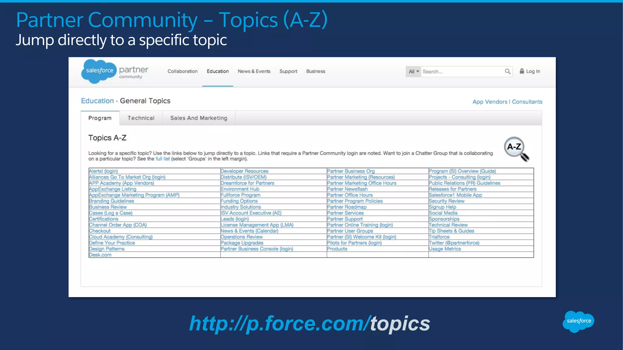 Partner Community – Topics (A-Z)
Jump directly to a specific topic
http://p.force.com/topics
 