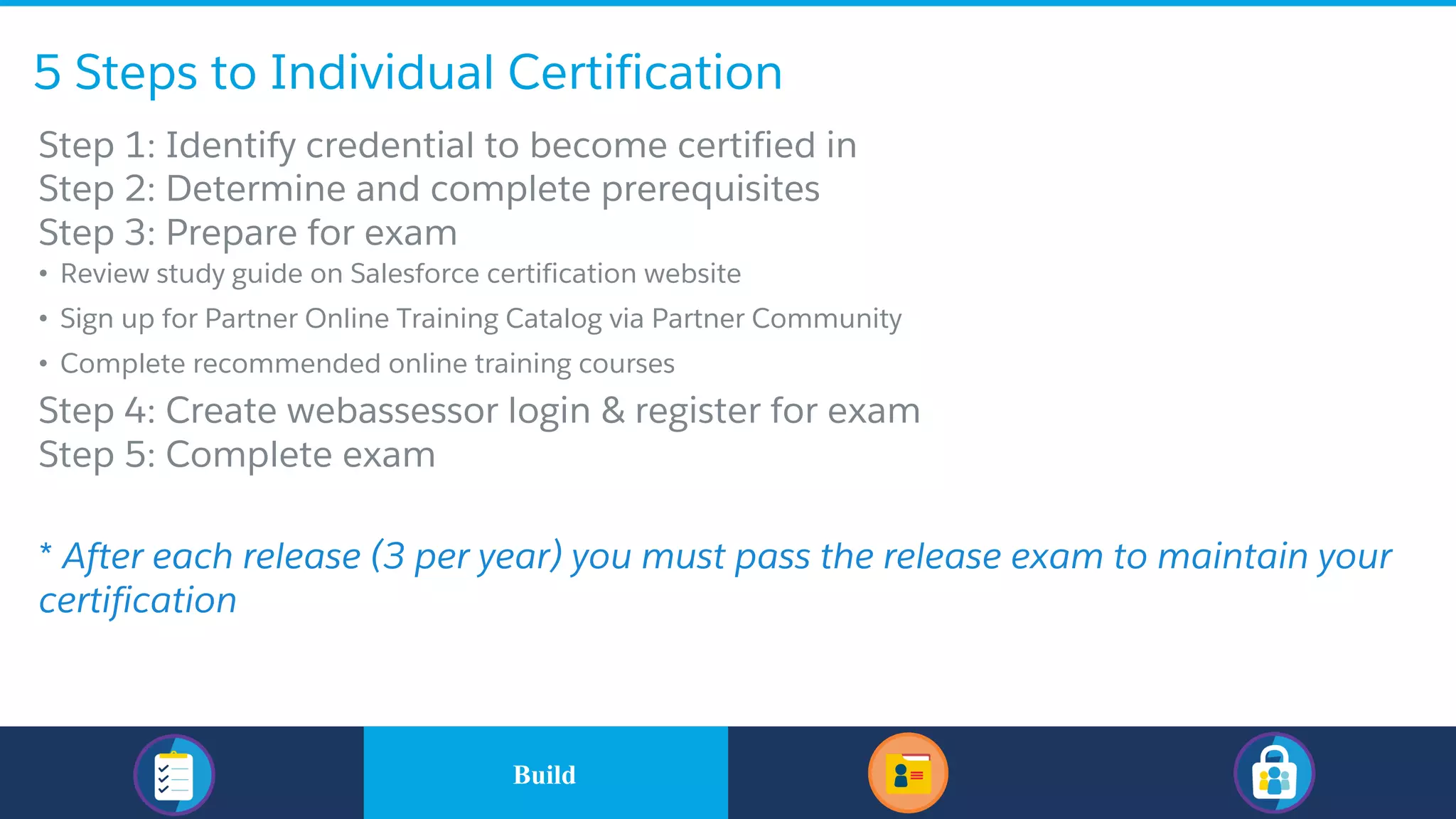 5 Steps to Individual Certification
​Step 1: Identify credential to become certified in
​Step 2: Determine and complete prerequisites
​Step 3: Prepare for exam
• Review study guide on Salesforce certification website
• Sign up for Partner Online Training Catalog via Partner Community
• Complete recommended online training courses
​Step 4: Create webassessor login & register for exam
​Step 5: Complete exam
* After each release (3 per year) you must pass the release exam to maintain your
certification
​BuildBuild
 
