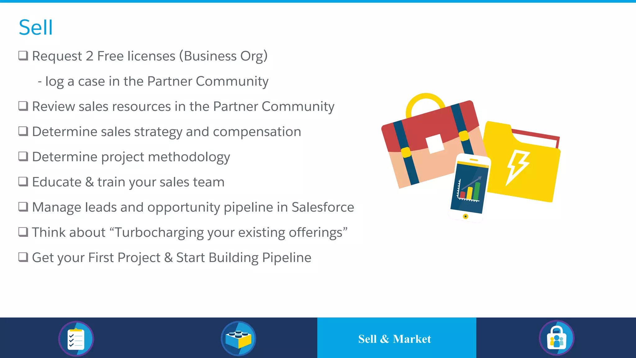 Sell
q Request 2 Free licenses (Business Org)
​ - log a case in the Partner Community
q Review sales resources in the Partner Community
q Determine sales strategy and compensation
q Determine project methodology
q Educate & train your sales team
q Manage leads and opportunity pipeline in Salesforce
q Think about “Turbocharging your existing offerings”
q Get your First Project & Start Building Pipeline
Sell & Market
 