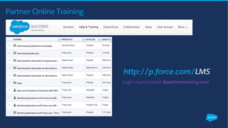 Partner Online Training
http://p.force.com/LMS
Login must contain @partnertraining.com
 