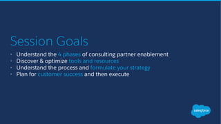 Session Goals
• Understand the 4 phases of consulting partner enablement
• Discover & optimize tools and resources
• Understand the process and formulate your strategy
• Plan for customer success and then execute
 