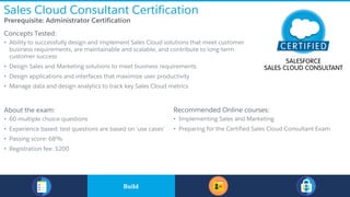 Sales Cloud Consultant Certification
​Prerequisite: Administrator Certification
​Concepts Tested:
• Ability to successfully design and implement Sales Cloud solutions that meet customer
business requirements, are maintainable and scalable, and contribute to long-term
customer success
• Design Sales and Marketing solutions to meet business requirements
• Design applications and interfaces that maximize user productivity
• Manage data and design analytics to track key Sales Cloud metrics
​About the exam:
• 60 multiple choice questions
• Experience based: test questions are based on 'use cases’
• Passing score: 68%
• Registration fee: $200
Recommended Online courses:
• Implementing Sales and Marketing
• Preparing for the Certified Sales Cloud Consultant Exam
​BuildBuild
 