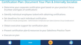 Certification Plan: Document Your Plan & Internally Socialize
Ø Determine your corporate certification goal based on your practice’s focus
(number and types of certification)
Ø Identify individual employees tasked with obtaining certifications
Ø Set deadlines for each individual certification
(Be sure to include prerequisites - Administrator Certification for Sales & Service Cloud Certification)
Ø Obtain executive support for certification plan
Ø Present certification plan & resources to your Salesforce Practice Team
Ø Execute on plan
​BuildBuild
 