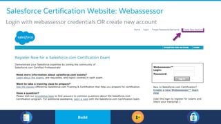 Salesforce Certification Website: Webassessor
​Login with webassessor credentials OR create new account
​BuildBuild
 