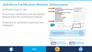 Salesforce Certification Website: Webassessor
​Verification Opt-In: Yes
​Ensure your certification can be verified
directly from the certification website
​Important for potential customers and
employers
​BuildBuild
 