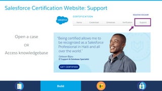 Salesforce Certification Website: Support
​Open a case
​OR
​Access knowledgebase
​BuildBuild
 