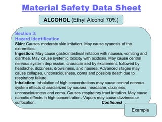 ALCOHOL  (Ethyl Alcohol 70%) Example Section 3: Hazard Identification Skin:  Causes moderate skin irritation. May cause cyanosis of the extremities. Ingestion:  May cause gastrointestinal irritation with nausea, vomiting and diarrhea. May cause systemic toxicity with acidosis. May cause central nervous system depression, characterized by excitement, followed by headache, dizziness, drowsiness, and nausea. Advanced stages may cause collapse, unconsciousness, coma and possible death due to respiratory failure. Inhalation:  Inhalation of high concentrations may cause central nervous system effects characterized by nausea, headache, dizziness, unconsciousness and coma. Causes respiratory tract irritation. May cause narcotic effects in high concentration. Vapors may cause dizziness or suffocation.  Continued Material Safety Data Sheet 