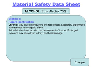 ALCOHOL  (Ethyl Alcohol 70%) Example Section 3: Hazard Identification Chronic:  May cause reproductive and fetal effects. Laboratory experiments have resulted in mutagenic effects.  Animal studies have reported the development of tumors. Prolonged exposure may cause liver, kidney, and heart damage. Material Safety Data Sheet 