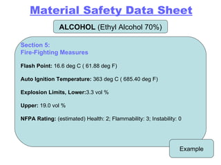 ALCOHOL  (Ethyl Alcohol 70%) Example Section 5: Fire-Fighting Measures Flash Point:  16.6 deg C ( 61.88 deg F) Auto Ignition Temperature:  363 deg C ( 685.40 deg F) Explosion Limits, Lower: 3.3 vol % Upper:  19.0 vol % NFPA Rating:  (estimated) Health: 2; Flammability: 3; Instability: 0 Material Safety Data Sheet 