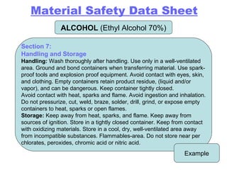 ALCOHOL  (Ethyl Alcohol 70%) Example Section 7: Handling and Storage   Handling:  Wash thoroughly after handling. Use only in a well-ventilated area. Ground and bond containers when transferring material. Use spark-proof tools and explosion proof equipment. Avoid contact with eyes, skin, and clothing. Empty containers retain product residue, (liquid and/or vapor), and can be dangerous. Keep container tightly closed. Avoid contact with heat, sparks and flame. Avoid ingestion and inhalation. Do not pressurize, cut, weld, braze, solder, drill, grind, or expose empty containers to heat, sparks or open flames. Storage:  Keep away from heat, sparks, and flame. Keep away from sources of ignition. Store in a tightly closed container. Keep from contact with oxidizing materials. Store in a cool, dry, well-ventilated area away from incompatible substances. Flammables-area. Do not store near per chlorates, peroxides, chromic acid or nitric acid. Material Safety Data Sheet 