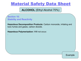 ALCOHOL  (Ethyl Alcohol 70%) Example Section 10: Stability and Reactivity Hazardous Decomposition Products:  Carbon monoxide, irritating and toxic fumes and gases, carbon dioxide. Hazardous Polymerization:  Will not occur. . Material Safety Data Sheet 