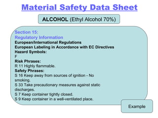 ALCOHOL  (Ethyl Alcohol 70%) Example Section 15: Regulatory Information European/International Regulations European Labeling in Accordance with EC Directives Hazard Symbols: F Risk Phrases: R 11 Highly flammable. Safety Phrases: S 16 Keep away from sources of ignition - No smoking. S 33 Take precautionary measures against static discharges. S 7 Keep container tightly closed. S 9 Keep container in a well-ventilated place. Material Safety Data Sheet 