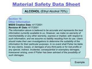 ALCOHOL  (Ethyl Alcohol 70%) Example Section 16: Other Information MSDS Creation Date:  4/17/2001 Revision #1 Date:  4/17/2001 The information above is believed to be accurate and represents the best information currently available to us. However, we make no warranty of merchantability or any other warranty, express or implied, with respect to such information, and we assume no liability resulting from its use. Users should make their own investigations to determine the suitability of the information for their particular purposes. In no event shall Fisher be liable for any claims, losses, or damages of any third party or for lost profits or any special, indirect, incidental, consequential or exemplary damages, howsoever arising, even if Fisher has been advised of the possibility of such damages. Material Safety Data Sheet 