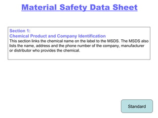 Material Safety Data Sheet Section 1: Chemical Product and Company Identification This section links the chemical name on the label to the MSDS. The MSDS also lists the name, address and the phone number of the company, manufacturer or distributor who provides the chemical. Standard 