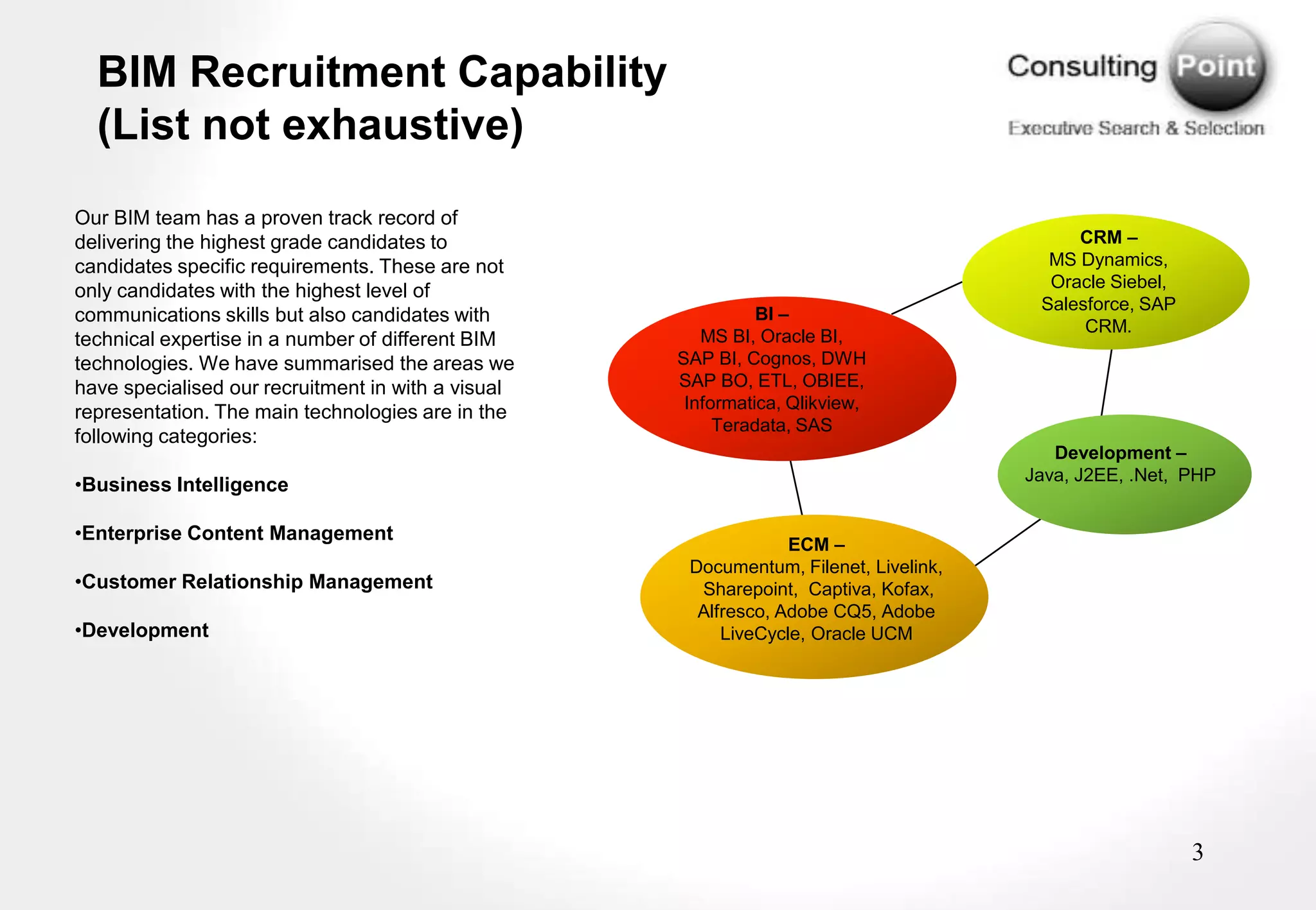BIM Recruitment Capability
  (List not exhaustive)
Our BIM team has a proven track record of
delivering the highest grade candidates to                                                 CRM –
candidates specific requirements. These are not                                         MS Dynamics,
only candidates with the highest level of                                               Oracle Siebel,
                                                                                       Salesforce, SAP
communications skills but also candidates with                BI –
                                                                                            CRM.
technical expertise in a number of different BIM       MS BI, Oracle BI,
technologies. We have summarised the areas we       SAP BI, Cognos, DWH
have specialised our recruitment in with a visual   SAP BO, ETL, OBIEE,
                                                     Informatica, Qlikview,
representation. The main technologies are in the
                                                         Teradata, SAS
following categories:
                                                                                         Development –
                                                                                      Java, J2EE, .Net, PHP
•Business Intelligence

•Enterprise Content Management
                                                                 ECM –
                                                     Documentum, Filenet, Livelink,
•Customer Relationship Management                     Sharepoint, Captiva, Kofax,
                                                      Alfresco, Adobe CQ5, Adobe
•Development                                             LiveCycle, Oracle UCM




                                                                                                         3
 