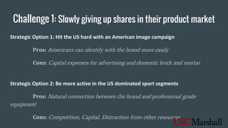 Challenge 1: Slowly giving up shares in their product market
Strategic Option 1: Hit the US hard with an American image campaign
Pros: Americans can identify with the brand more easily
Cons: Capital expenses for advertising and domestic brick and mortar
Strategic Option 2: Be more active in the US dominated sport segments
Pros: Natural connection between the brand and professional grade
equipment
Cons: Competition, Capital, Distraction from other resources
 
