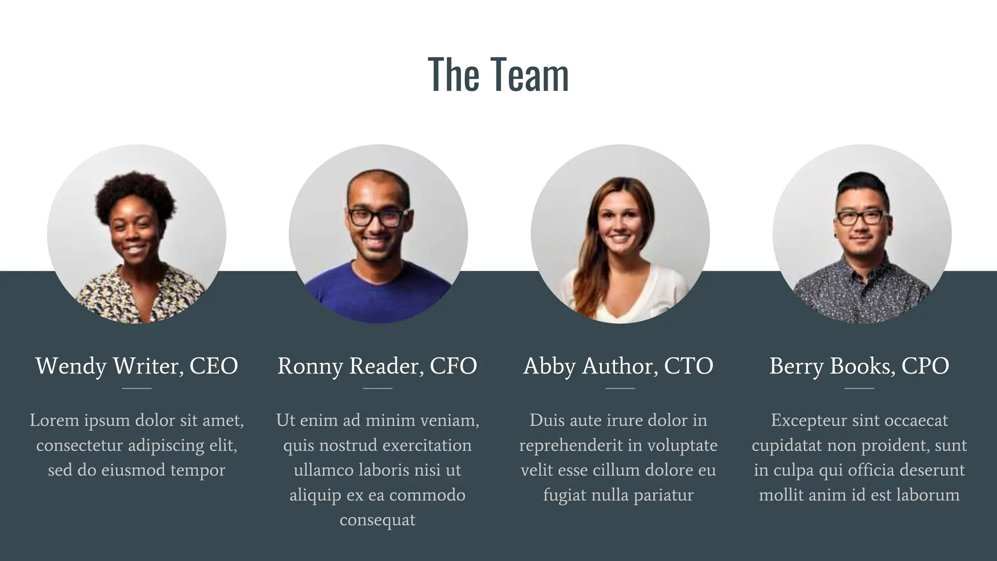 The Team
Wendy Writer, CEO
Lorem ipsum dolor sit amet,
consectetur adipiscing elit,
sed do eiusmod tempor
Ronny Reader, CFO
Ut enim ad minim veniam,
quis nostrud exercitation
ullamco laboris nisi ut
aliquip ex ea commodo
consequat
Abby Author, CTO
Duis aute irure dolor in
reprehenderit in voluptate
velit esse cillum dolore eu
fugiat nulla pariatur
Berry Books, CPO
Excepteur sint occaecat
cupidatat non proident, sunt
in culpa qui officia deserunt
mollit anim id est laborum
 