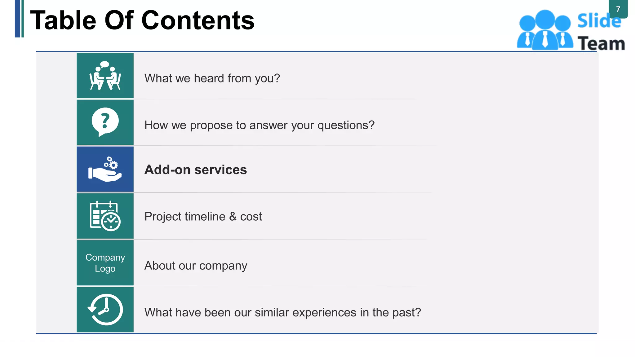 Table Of Contents
How we propose to answer your questions?
Add-on services
About our company
What have been our similar experiences in the past?
What we heard from you?
Project timeline & cost
Company
Logo
7
 