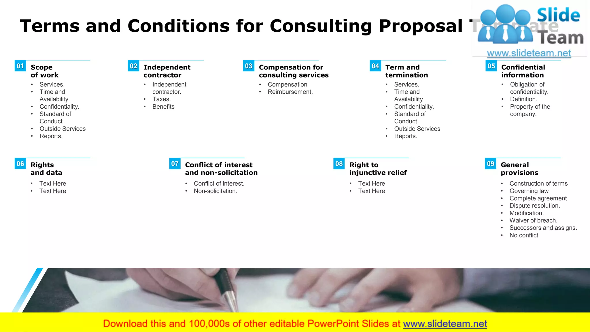 Terms and Conditions for Consulting Proposal Template
17
• Services.
• Time and
Availability
• Confidentiality.
• Standard of
Conduct.
• Outside Services
• Reports.
Scope
of work
01 Independent
contractor
• Independent
contractor.
• Taxes.
• Benefits
02 Compensation for
consulting services
• Compensation
• Reimbursement.
03 Term and
termination
• Services.
• Time and
Availability
• Confidentiality.
• Standard of
Conduct.
• Outside Services
• Reports.
04 Confidential
information
• Obligation of
confidentiality.
• Definition.
• Property of the
company.
05
Rights
and data
• Text Here
• Text Here
06 Conflict of interest
and non-solicitation
• Conflict of interest.
• Non-solicitation.
07 Right to
injunctive relief
• Text Here
• Text Here
08 General
provisions
• Construction of terms
• Governing law
• Complete agreement
• Dispute resolution.
• Modification.
• Waiver of breach.
• Successors and assigns.
• No conflict
09
 