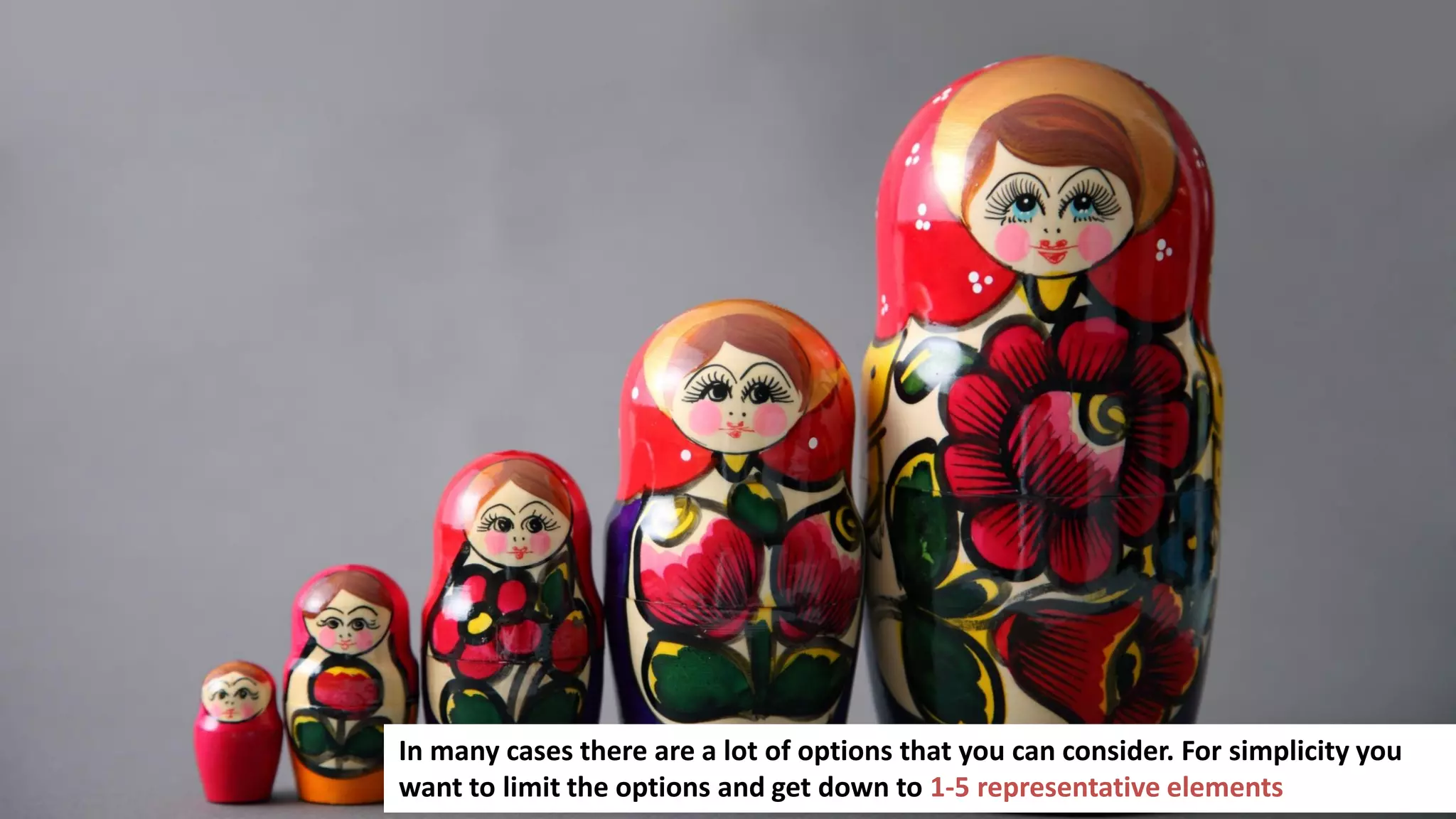 119
In many cases there are a lot of options that you can consider. For simplicity you
want to limit the options and get down to 1-5 representative elements
 