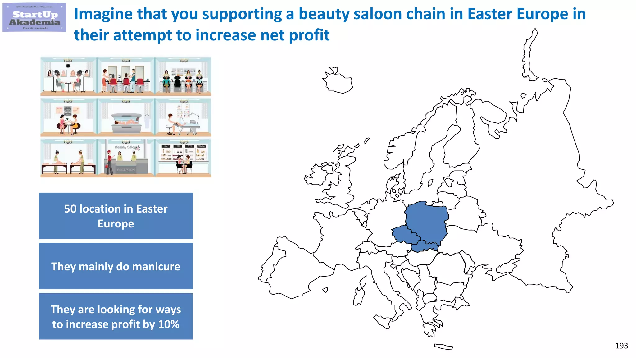193
Imagine that you supporting a beauty saloon chain in Easter Europe in
their attempt to increase net profit
50 location in Easter
Europe
They mainly do manicure
They are looking for ways
to increase profit by 10%
 