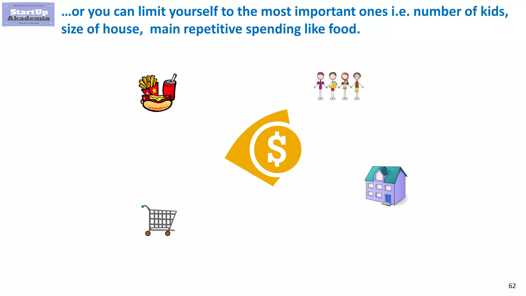 62
…or you can limit yourself to the most important ones i.e. number of kids,
size of house, main repetitive spending like food.
 