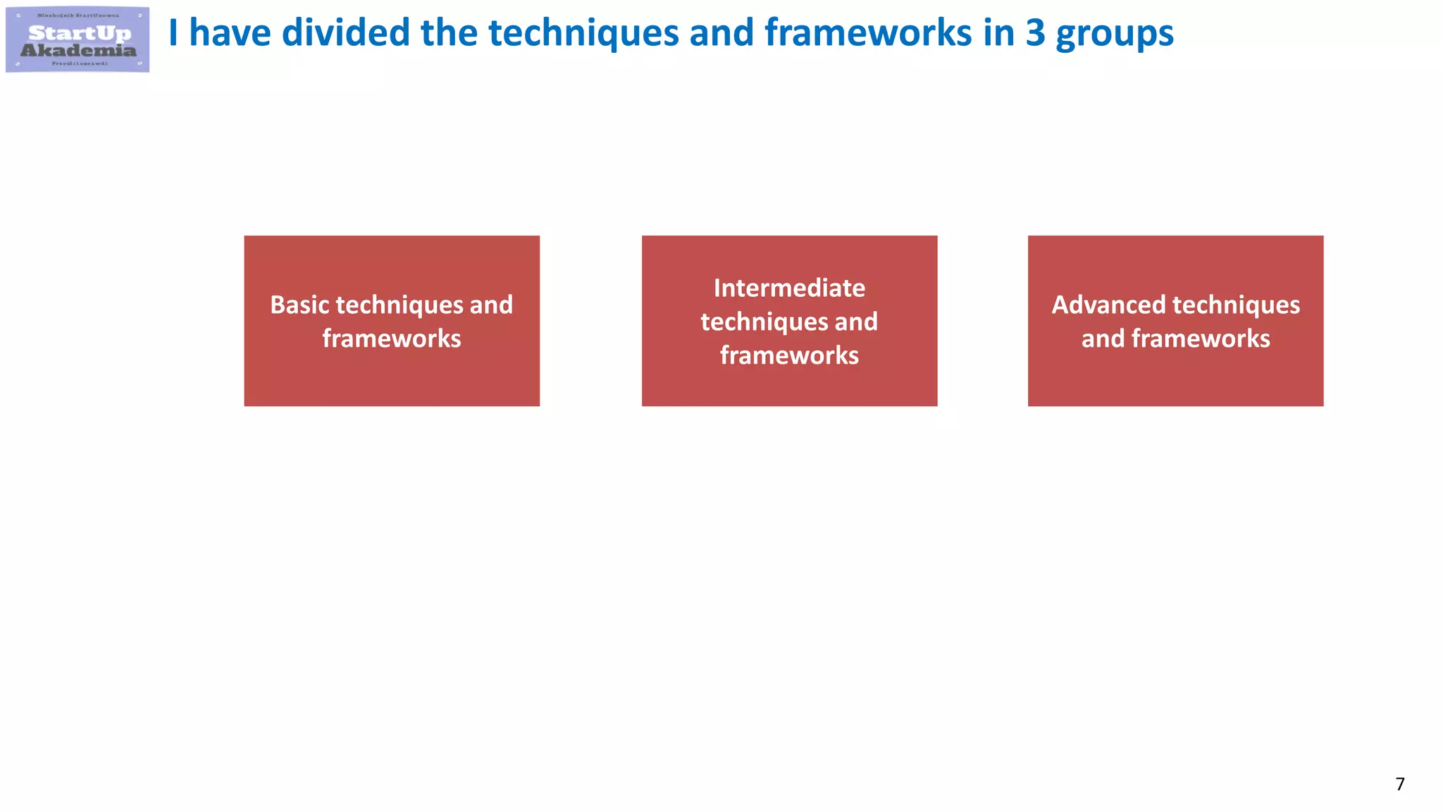 7
Intermediate
techniques and
frameworks
Advanced techniques
and frameworks
Basic techniques and
frameworks
I have divided the techniques and frameworks in 3 groups
 