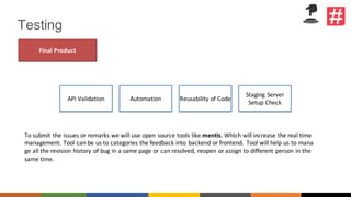 Testing
Final	Product
API	Validation Automation Reusability	of	Code
Staging	Server	
Setup	Check
To	submit	the	issues or	remarks	we	will	use	open	source	tools	like	mentis.	Which	will	increase	the	real	time	
management.	Tool	can	be	us	to	categories	the	feedback	into	backend	or	frontend.	 Tool	will	help	us	to	mana
ge	all	the	revision	history	of	bug	in	a	same	page	or	can	resolved,	reopen	or	assign	to	different	person	in	the	
same	time.
 
